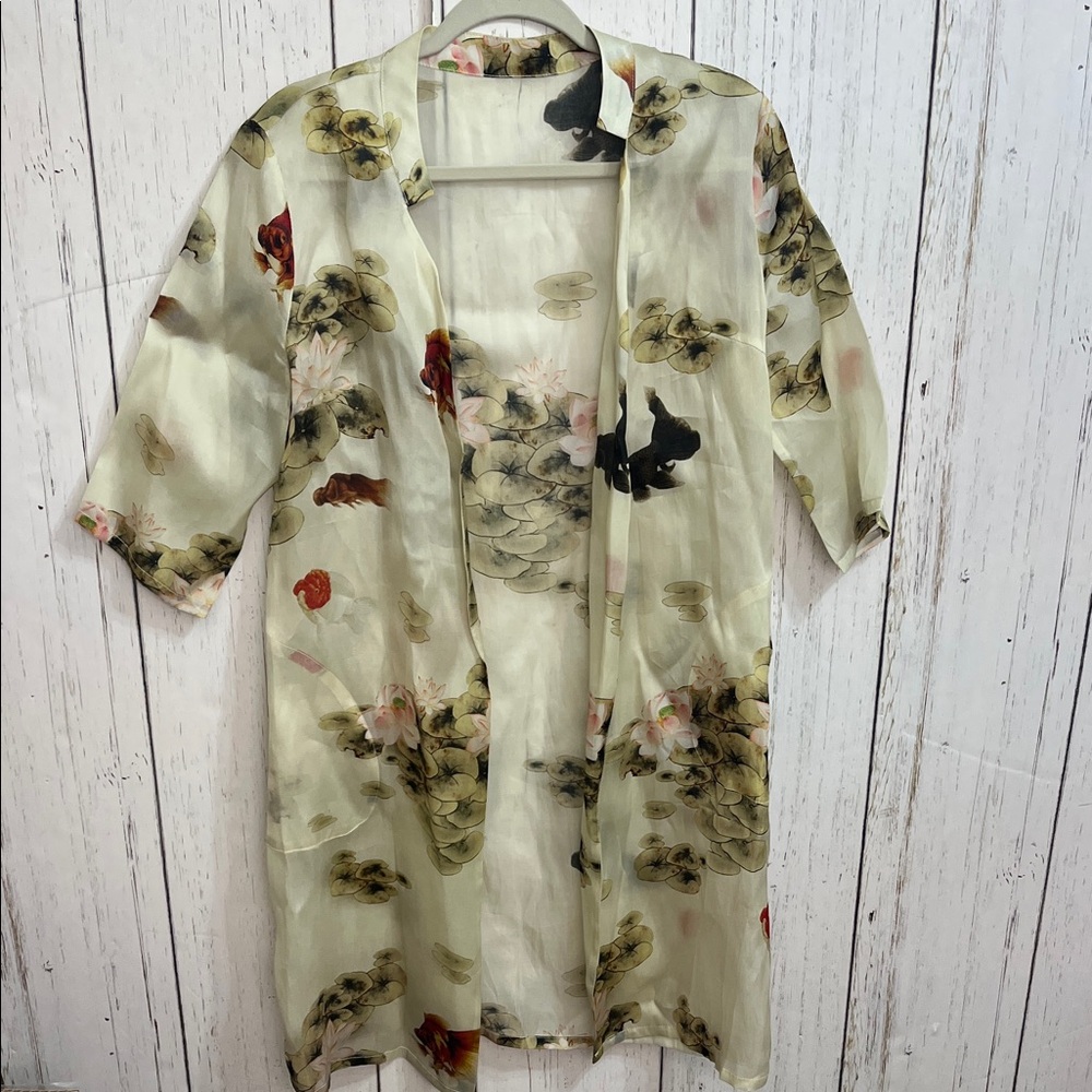 100% Silk Floral and Goldfish Semi Sheer Kimono